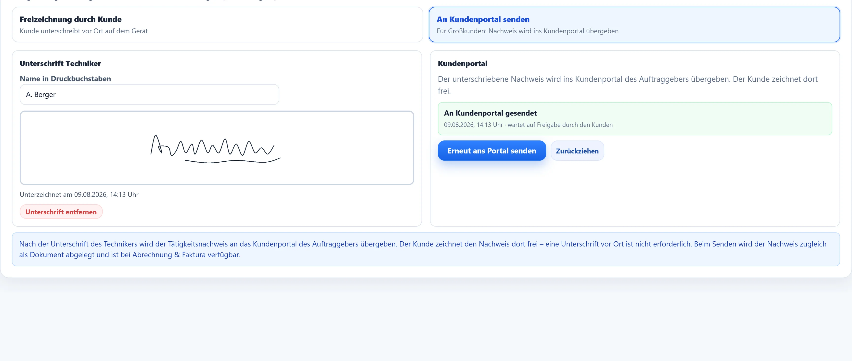 Der Freigabeweg im Auftrag: „Freizeichnung durch Kunde“ oder „An Kundenportal senden“ – hier ist der Nachweis ans Kundenportal gesendet und wartet auf die Freigabe.