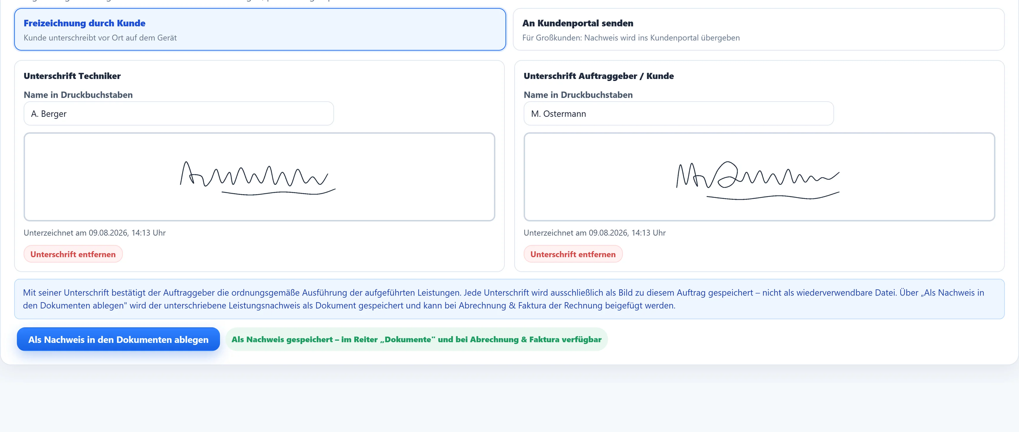 Derselbe Nachweis auf dem anderen Weg: Techniker und Kunde haben vor Ort unterschrieben, beide mit Datum und Uhrzeit.