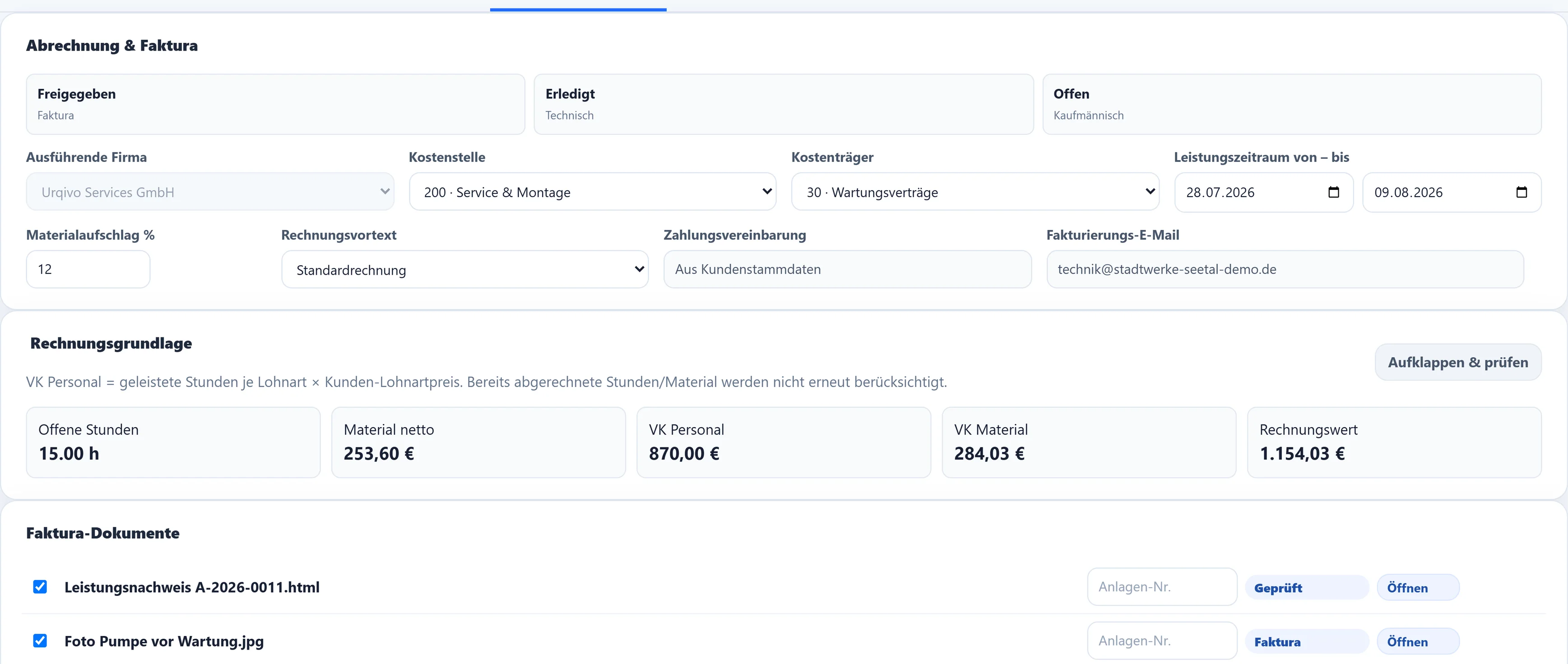 Der Reiter „Abrechnung & Faktura“: Kostenstelle, Kostenträger, Zahlungsvereinbarung und Fakturierungs-E-Mail stehen aus den Kundenstammdaten bereits da.