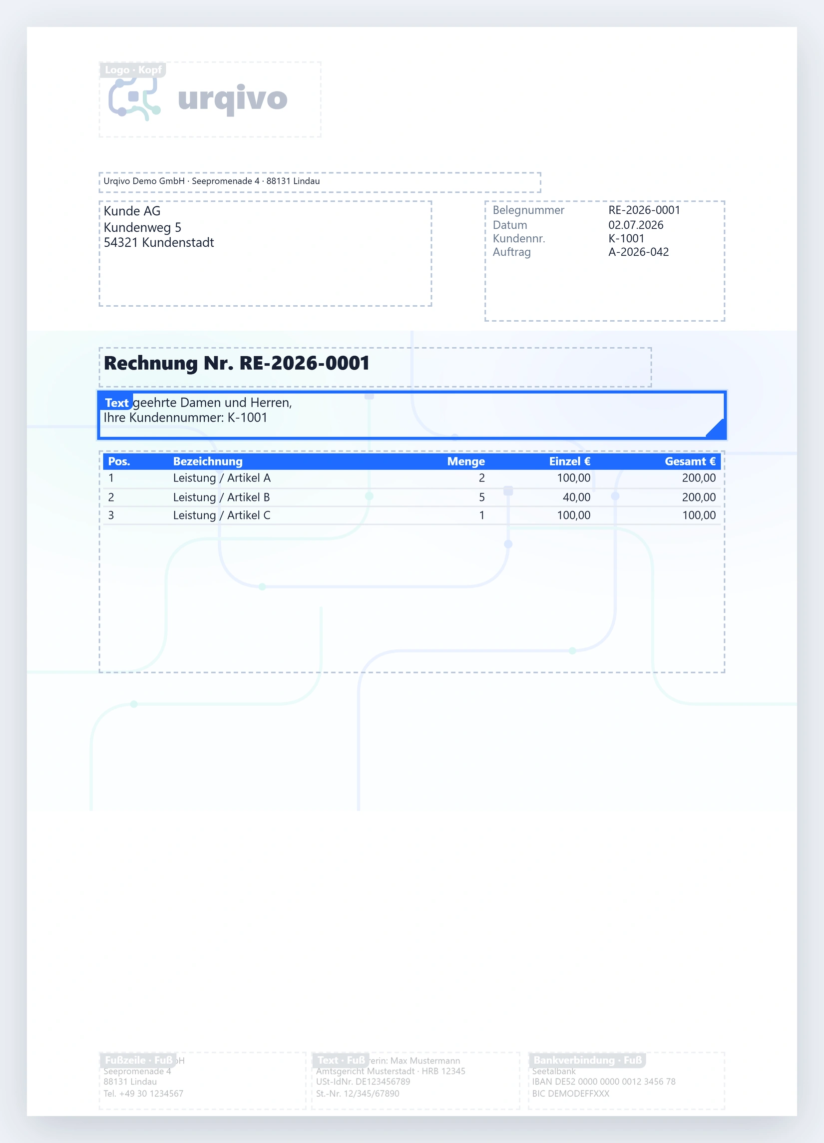 Die Vorlage im Editor: gestrichelte Rahmen um Logo, Absenderzeile, Empfänger Kunde AG, Kopfdaten mit RE-2026-0001 und Kundennr. K-1001, Titel „Rechnung Nr. RE-2026-0001“, den markierten Text-Block mit „Ihre Kundennummer: K-1001“ und die Positionstabelle mit drei Zeilen.