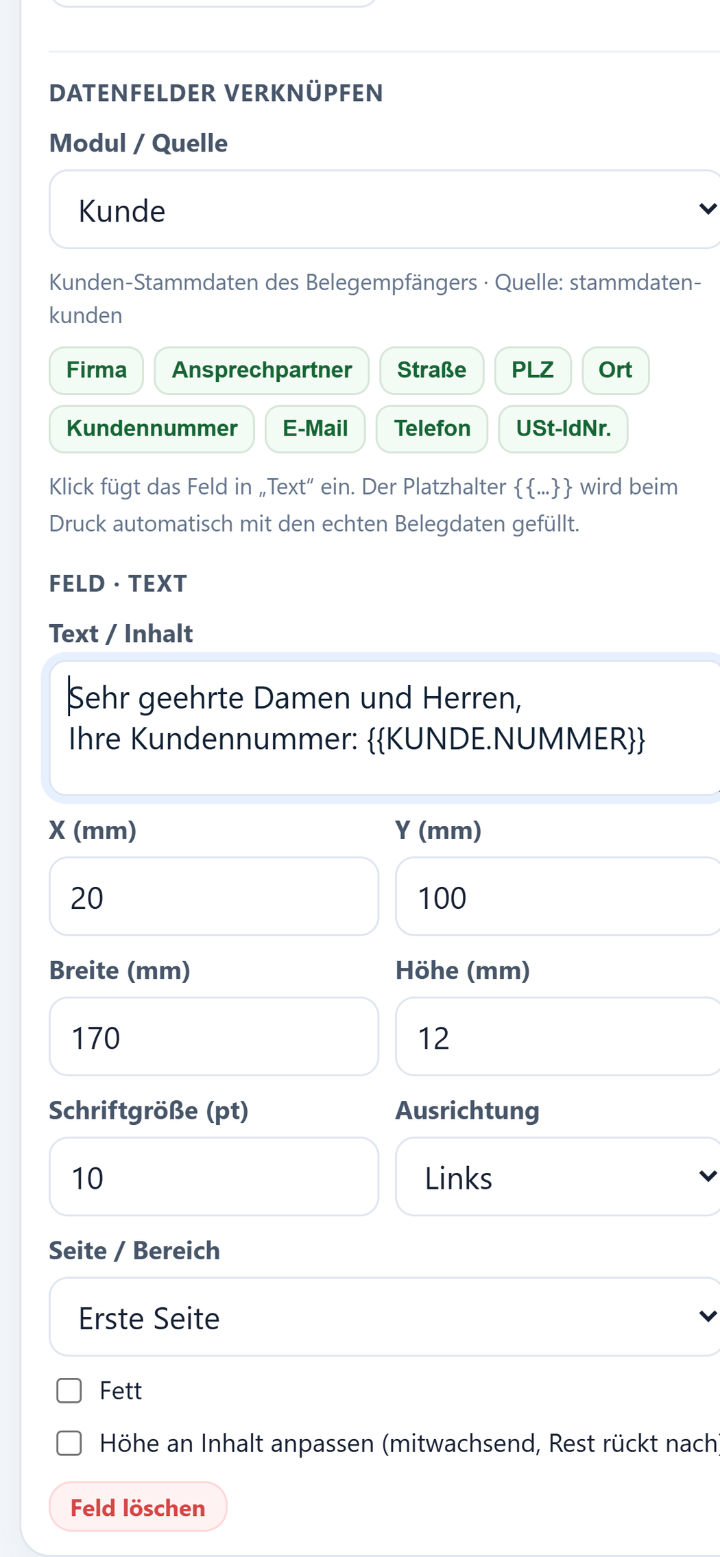 Der Beleglayout-Editor von urqivo auf dem Telefon: unter „Datenfelder verknüpfen“ steht die Quelle Kunde mit neun grünen Kacheln von Firma bis USt-IdNr., darunter das Textfeld mit „Ihre Kundennummer: {{KUNDE.NUMMER}}“ und die Maße X 20, Y 100, Breite 170, Höhe 12 mm bei 10 pt.