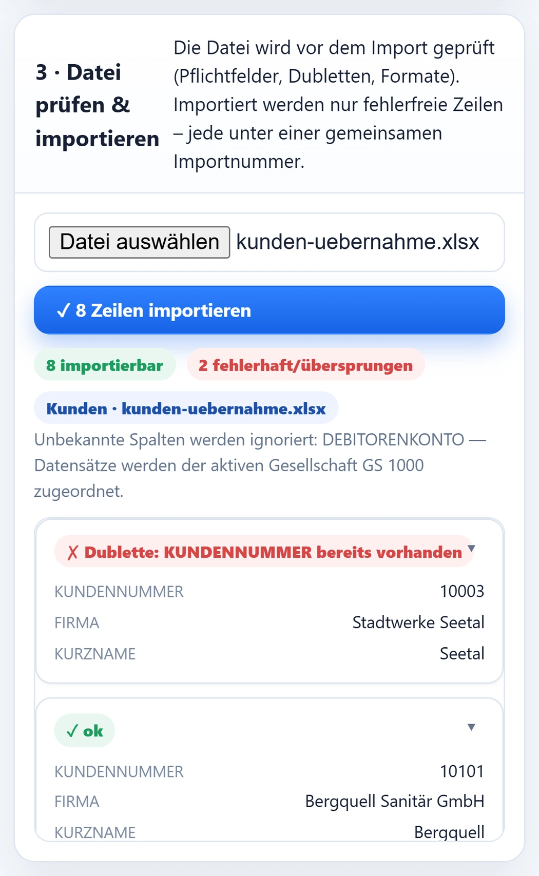 Die Prüfkarte „3 · Datei prüfen & importieren“ von urqivo auf dem Telefon: die gewählte Datei kunden-uebernahme.xlsx, der Knopf „8 Zeilen importieren“, die Marken „8 importierbar“ und „2 fehlerhaft/übersprungen“, darunter je Zeile eine Karte – 10101 Bergquell Sanitär GmbH und 10102 Nordlicht Elektrotechnik e.K., beide mit grünem ok.