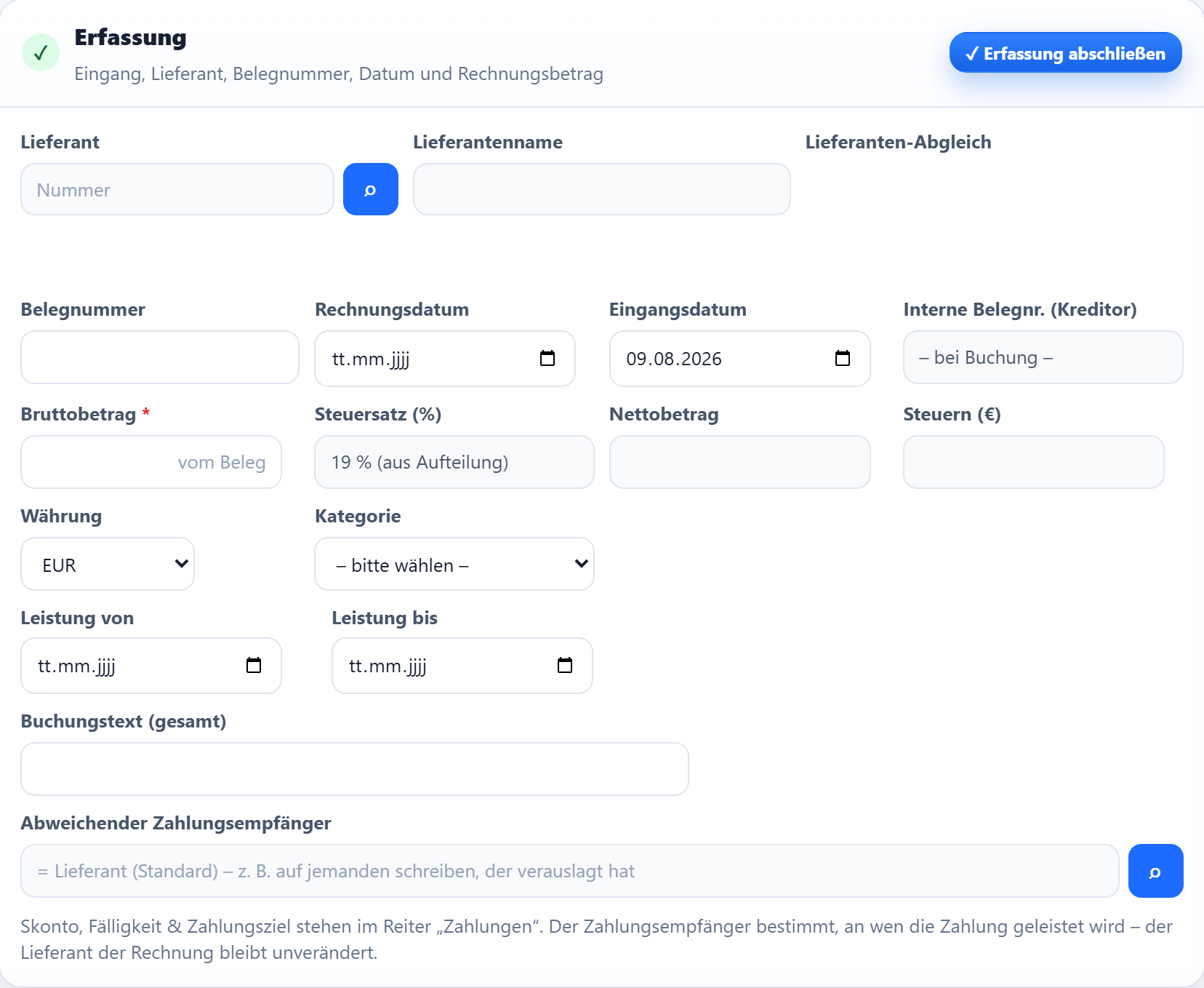 Die Erfassungsmaske, noch leer.