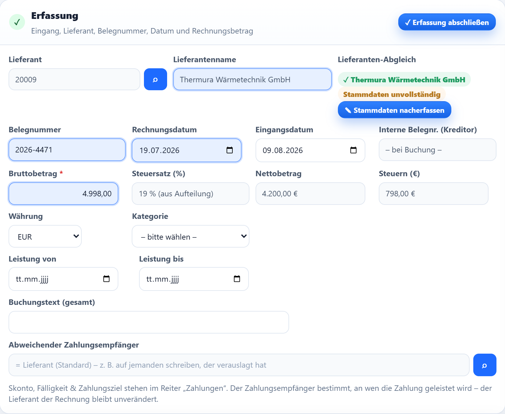 Das Rechnungsdatum 19.07.2026 steht im Feld – die Erfassung ist vollständig.