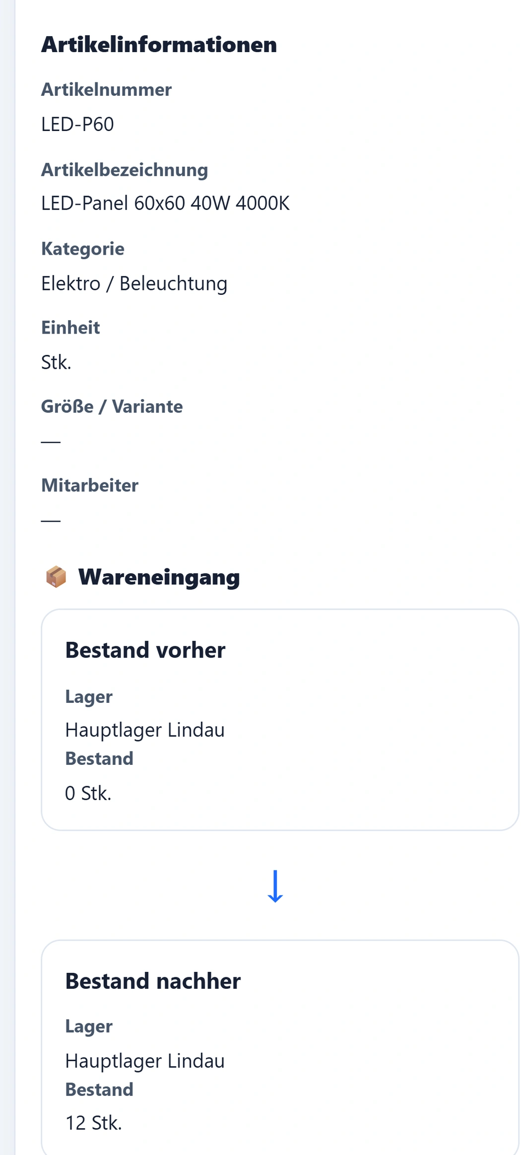 Dieselbe Buchung auf dem Telefon: Artikelnummer LED-P60, LED-Panel 60x60 40W 4000K, Kategorie Elektro / Beleuchtung, Einheit Stk. – darunter Bestand vorher 0 Stk. und Bestand nachher 12 Stk. im Hauptlager Lindau.