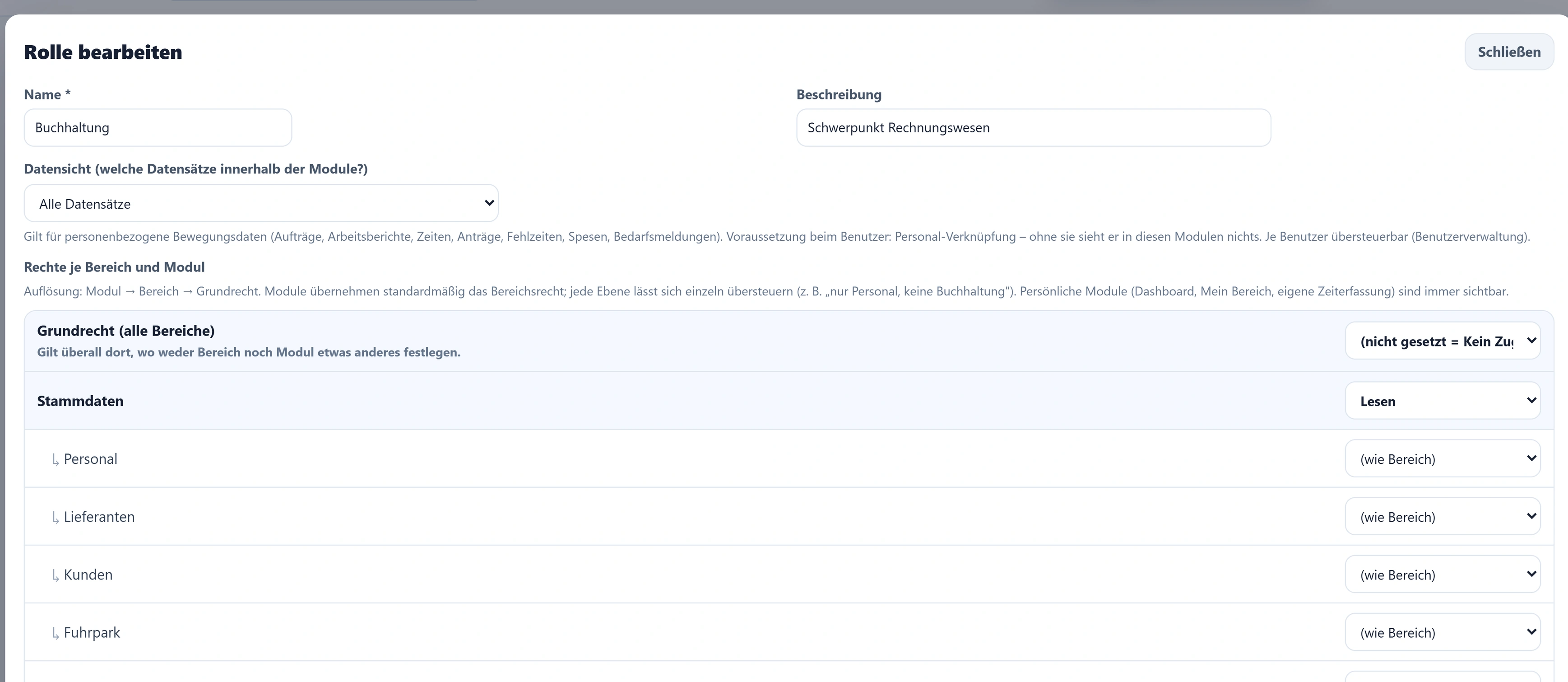 Der Dialog „Rolle bearbeiten“ für die Rolle Buchhaltung, Beschreibung „Schwerpunkt Rechnungswesen“, Datensicht „Alle Datensätze“; in der Matrix „Rechte je Bereich und Modul“ steht das Grundrecht auf „nicht gesetzt = Kein Zugriff“, der Bereich Stammdaten auf „Lesen“, die Module Personal, Lieferanten, Kunden, Fuhrpark und Gebäude auf „wie Bereich“.